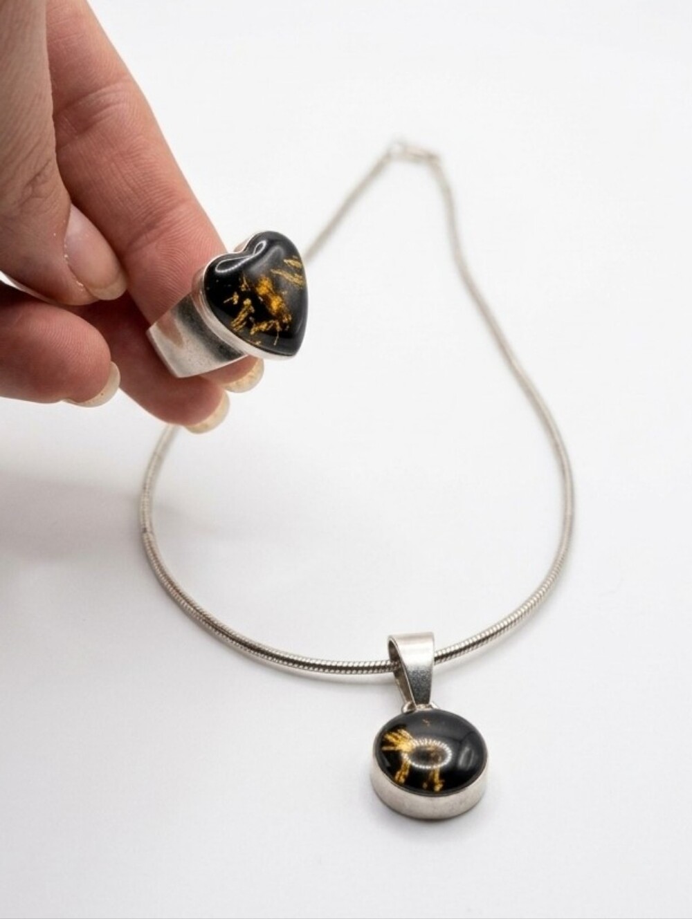 Sterling Silver Resin Statement Ring with Black and Gold Accent